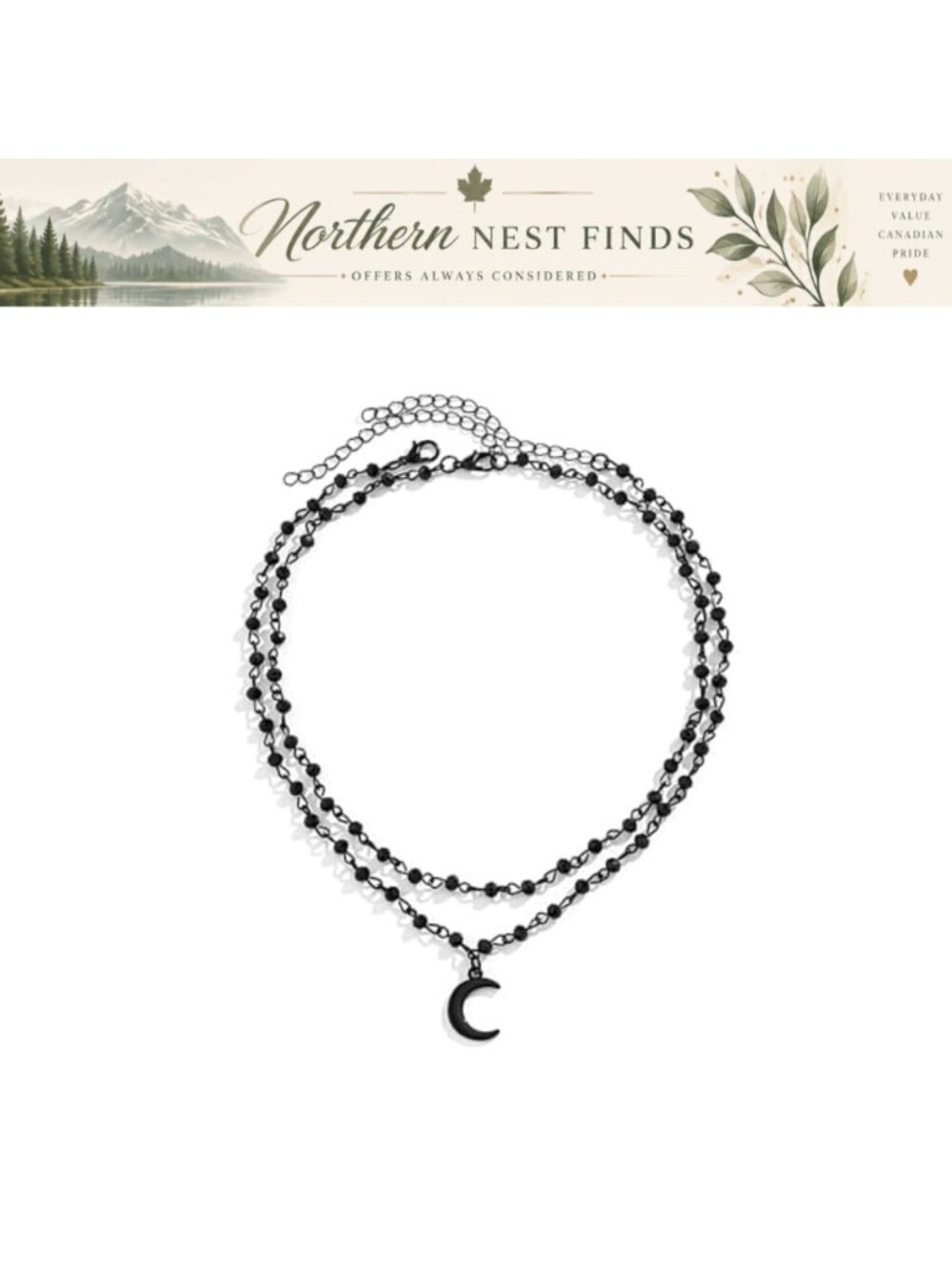 Gothic Layered Moon Beaded Choker Necklace Adjustable Stackable Black Crescent